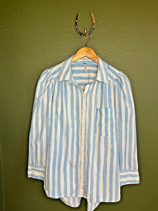 Free People Tops - Free People Oversized Striped Button Down Shirt Puff Sleeves Medium Relaxed Boho